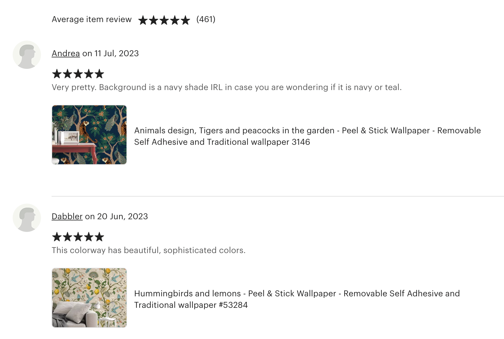 Screenshot of the reviews on Los Angeles Wallpaper’s Etsy page.