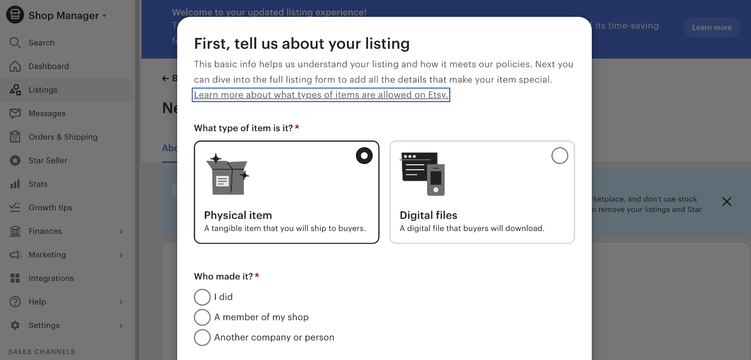 Etsy user interface showing listing creation flow