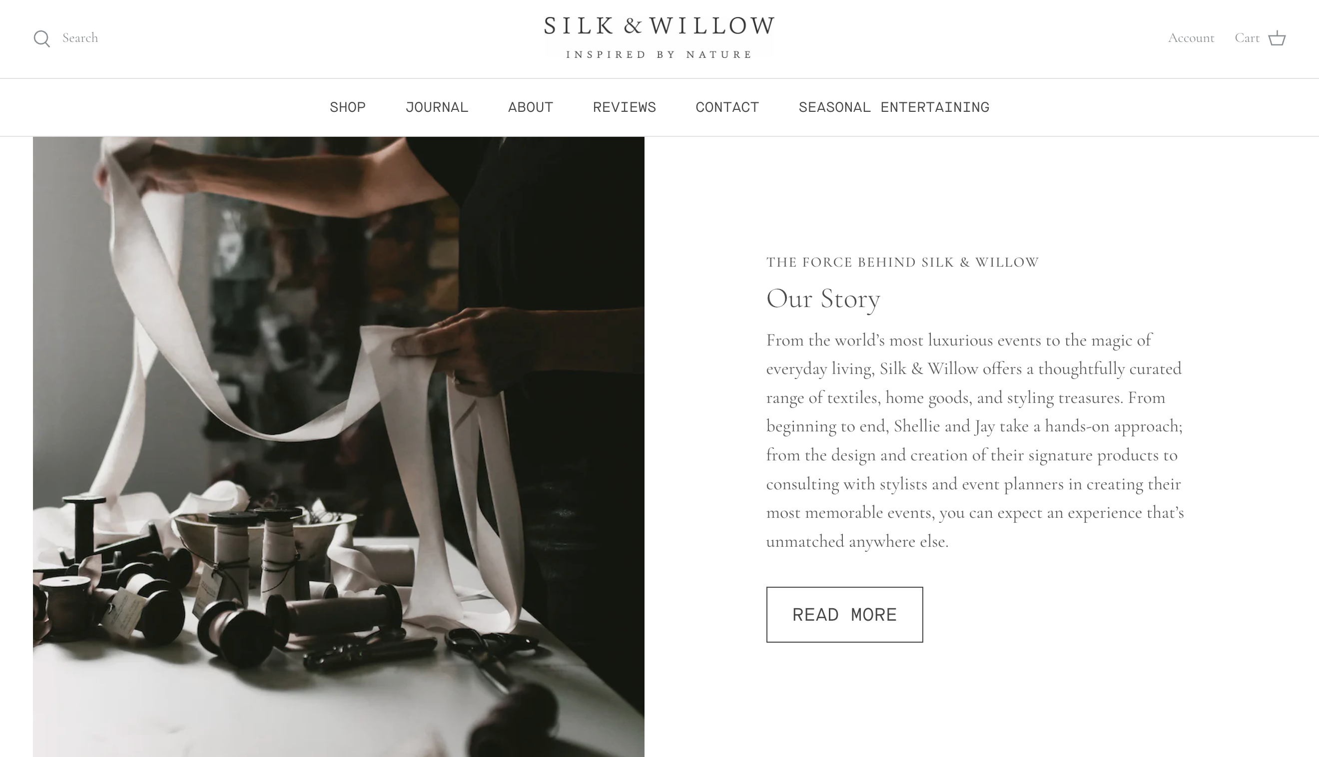 About us page on Silk and Willow's website with photo of hands holding white ribbon