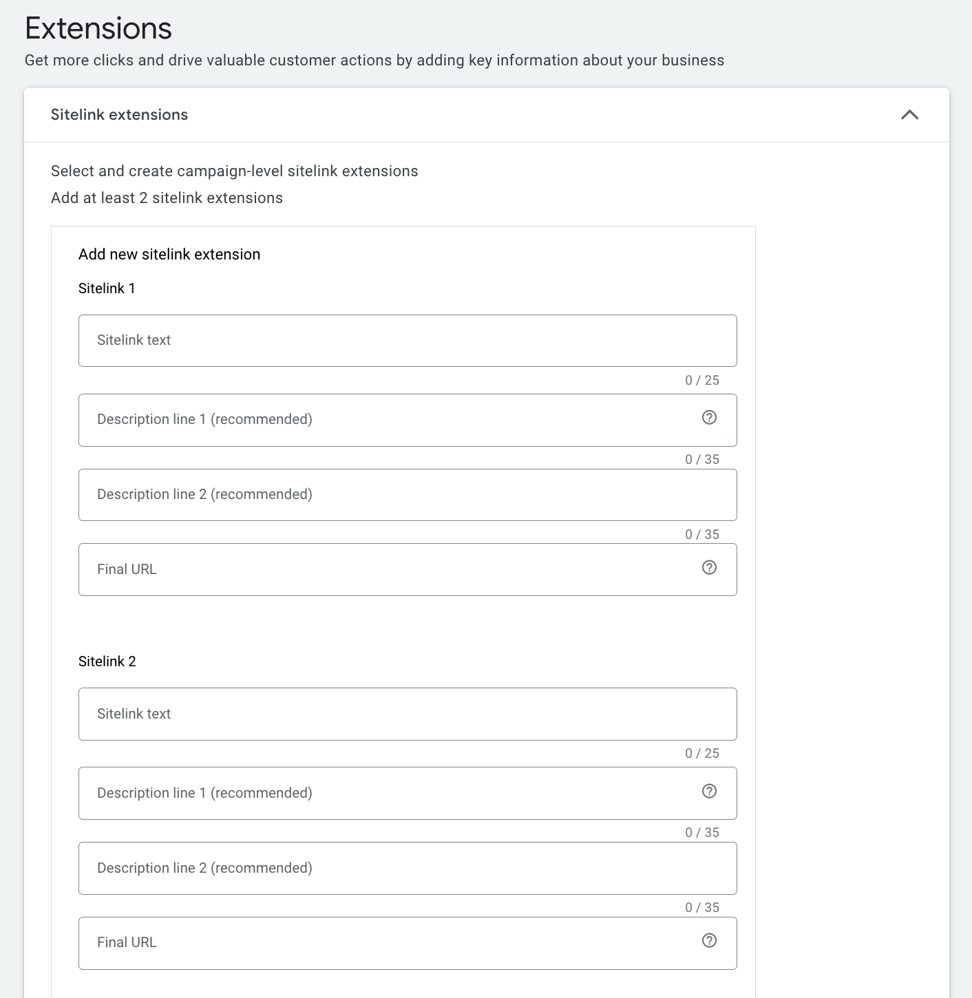 Form to add sitelink extensions with text, descriptions, and URLs for additional website links in ads