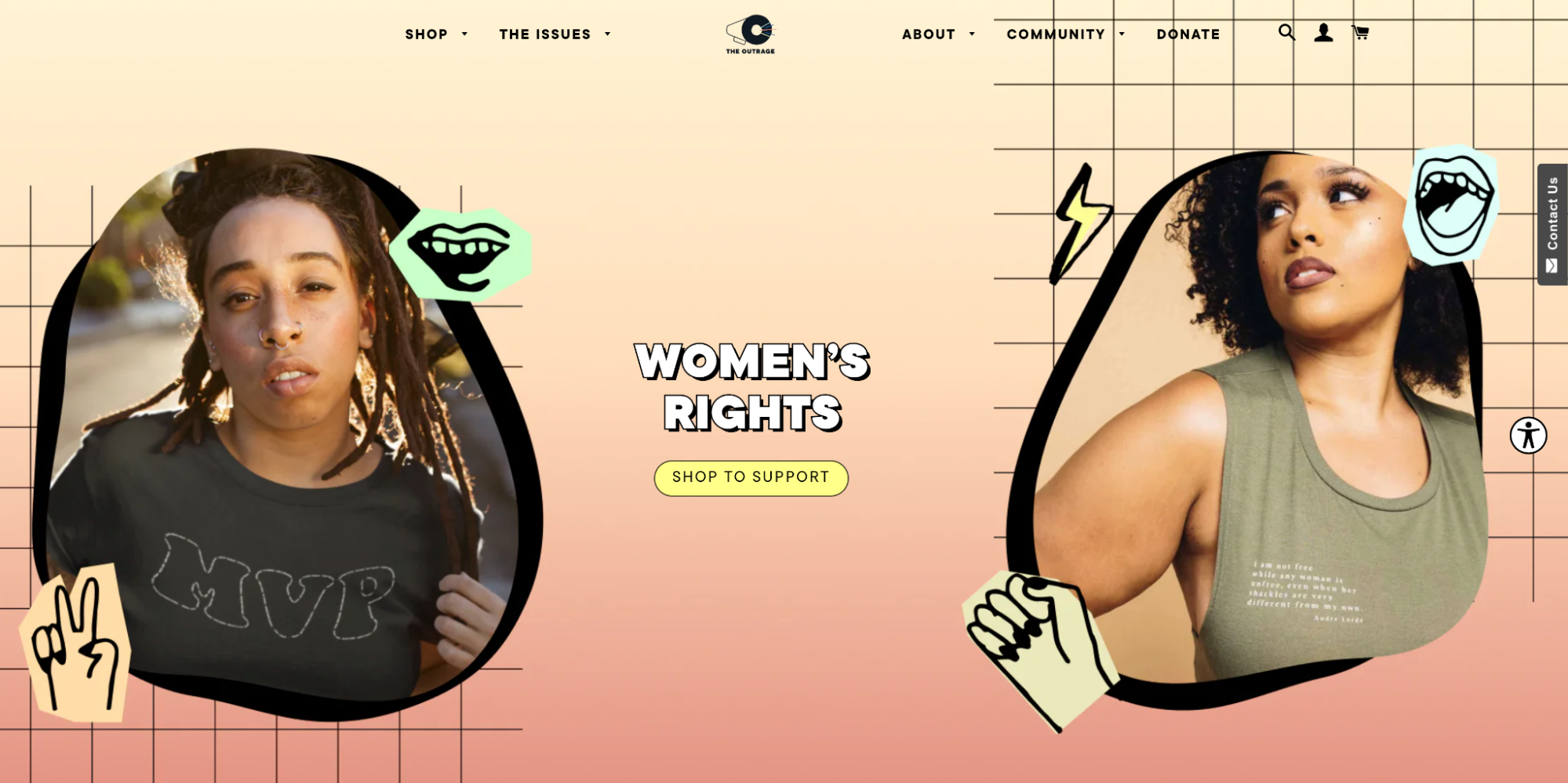 A landing page on the website for The Outrage with two images of different women and a shop button.