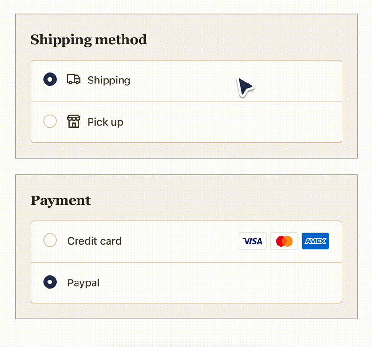 Mockup of a customized checkout giving the customer two delivery options and two payment options