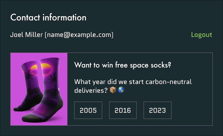 Mockup of a customized checkout gamified to give the customer a free pair of socks if they answer a multiple-choice question correctly