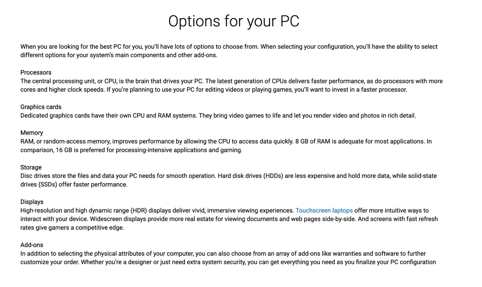 Dell options for a PC