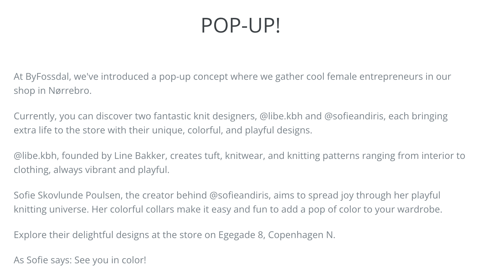 Screenshot of ByFossdal pop-up shop landing page