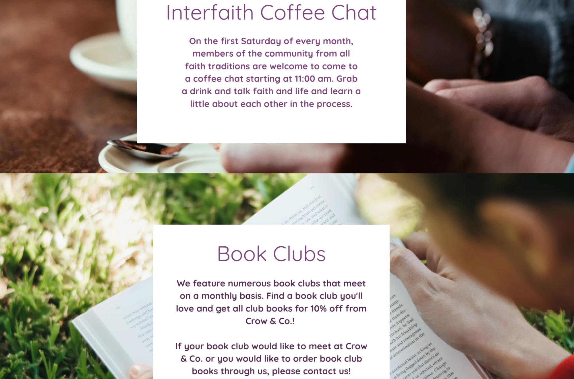 Crow & Co. event flyer for interfaith coffee chat and book clubs, inviting community participation.