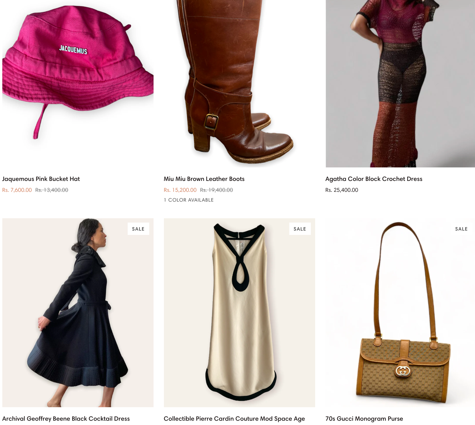 Luxury clothing items on sale, including a pink hat, leather boots, and designer dresses.