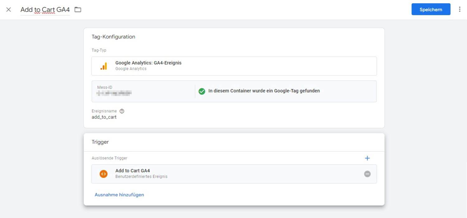 Übersicht zum fertiggestellten Tag und Trigger des Ereignisses Add to Cart GA4