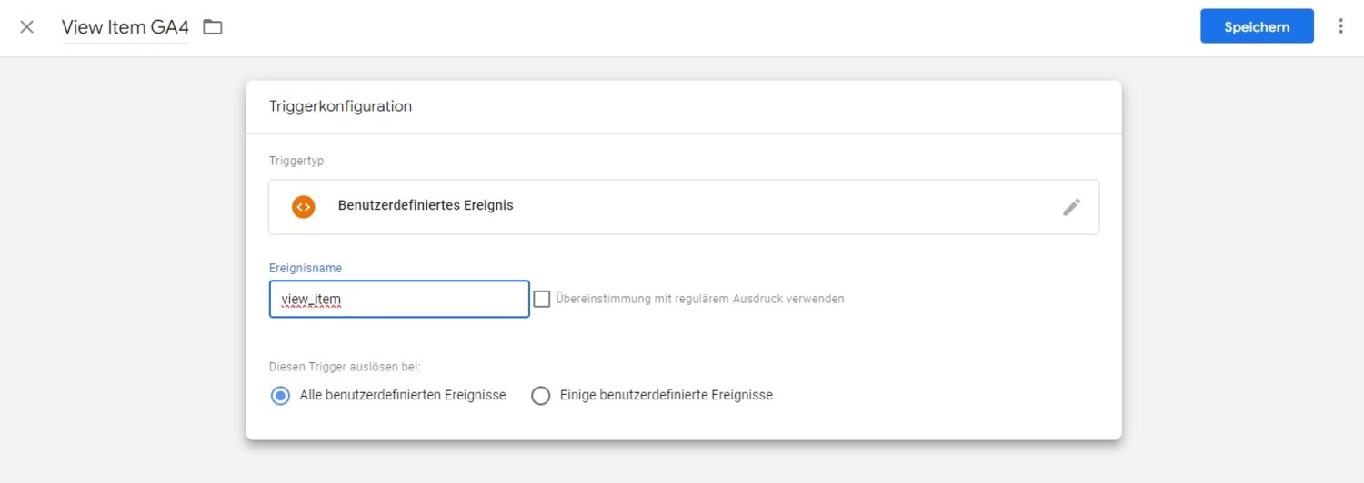 Übersicht der Triggerkonfiguration des View Item Ereignisses im Tag Manager