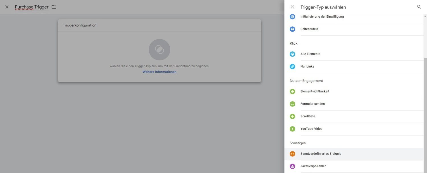 Übersicht zur Konfiguration des Purchase Triggers für das Purchase Event im Tag Manager