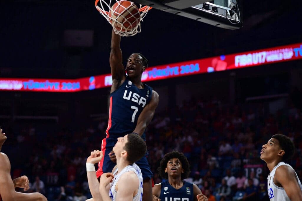 AJ Dybantsa, #7 of the United States of America (USA) in action during the FIBA U17 Basketball World Cup - Turkiye 2024 Final match between Italy and the United States of America (USA) at Sinan Erdem Dome in Istanbul, Turkey on July 7, 2024. (Photo by Altan Gocher / Hans Lucas / Hans Lucas via AFP) (Photo by ALTAN GOCHER/Hans Lucas/AFP via Getty Images)