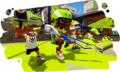 A female Inkling (center) wearing the Skate Helmet, holding a Classic Squiffer.