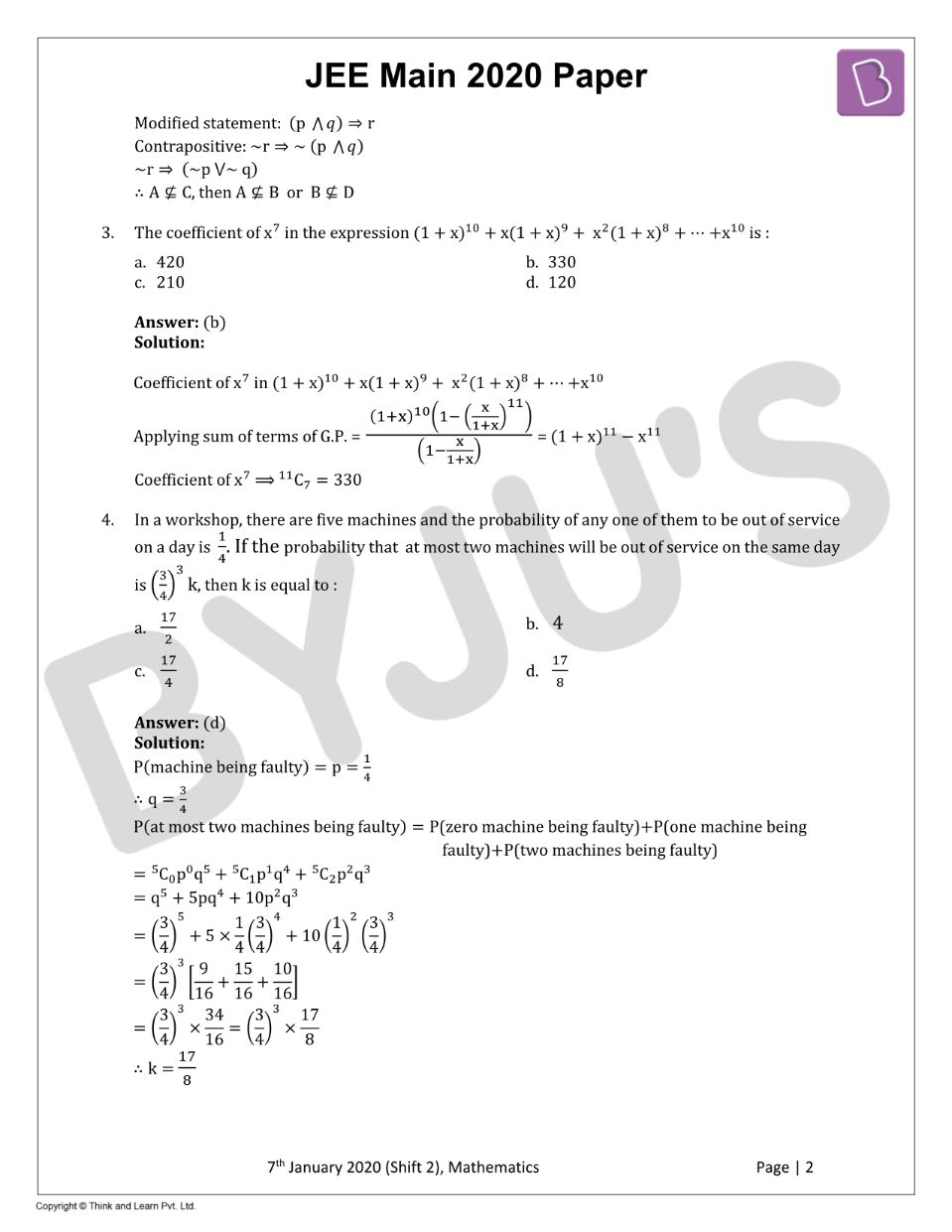 JEE Main 2020 Maths Paper With Solutions Jan 7 Shift 2