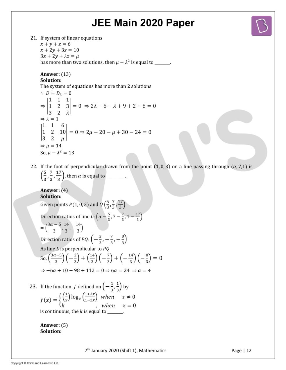 JEE Main 2020 Maths Paper With Solutions Jan 7 Shift 2