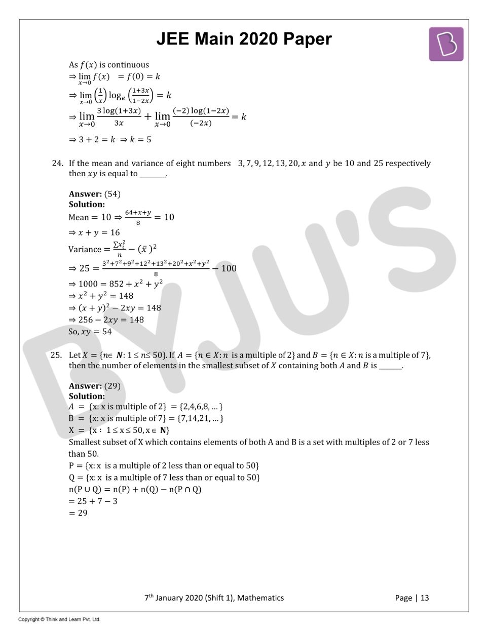 JEE Main 2020 Maths Paper With Solutions Jan 7 Shift 2