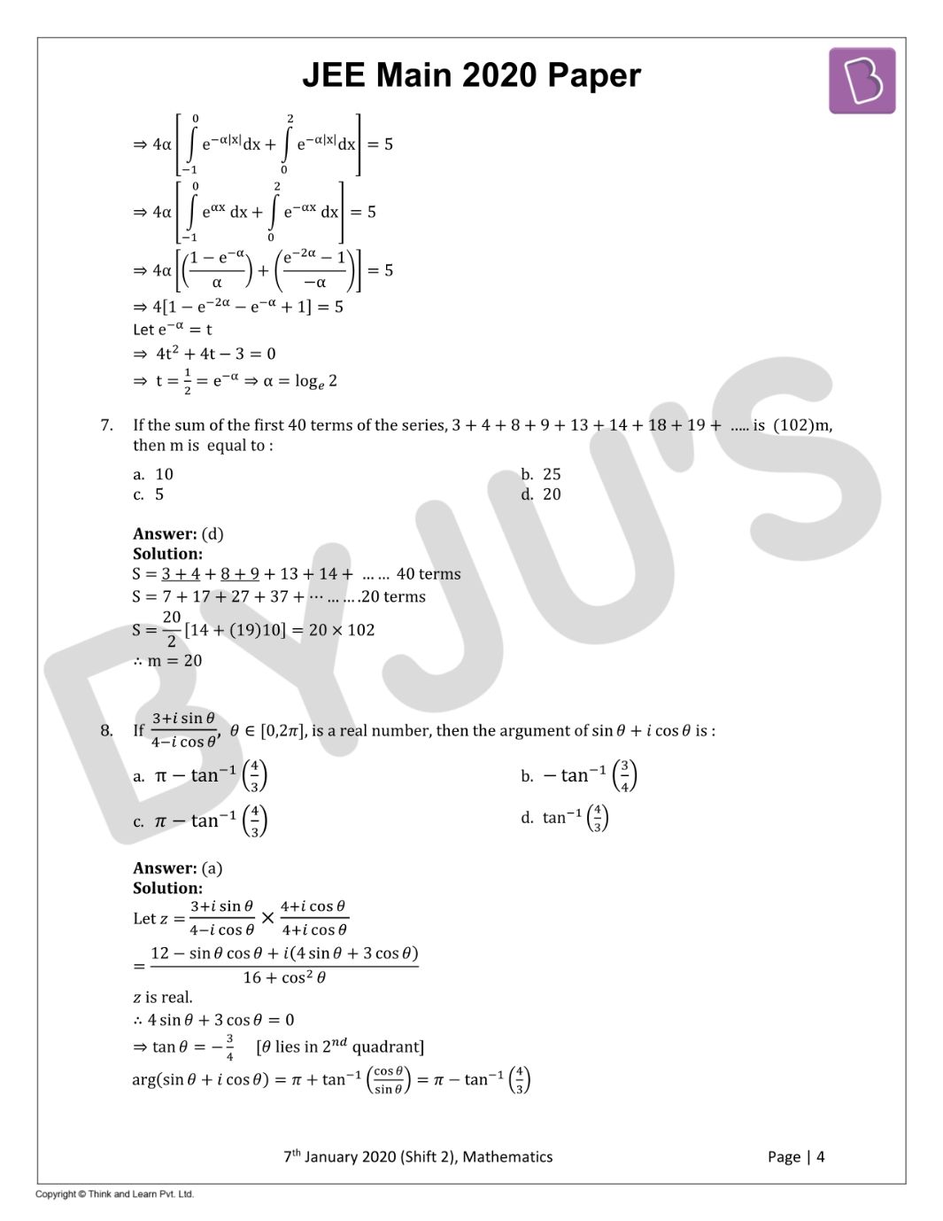 JEE Main 2020 Maths Paper With Solutions Jan 7 Shift 2