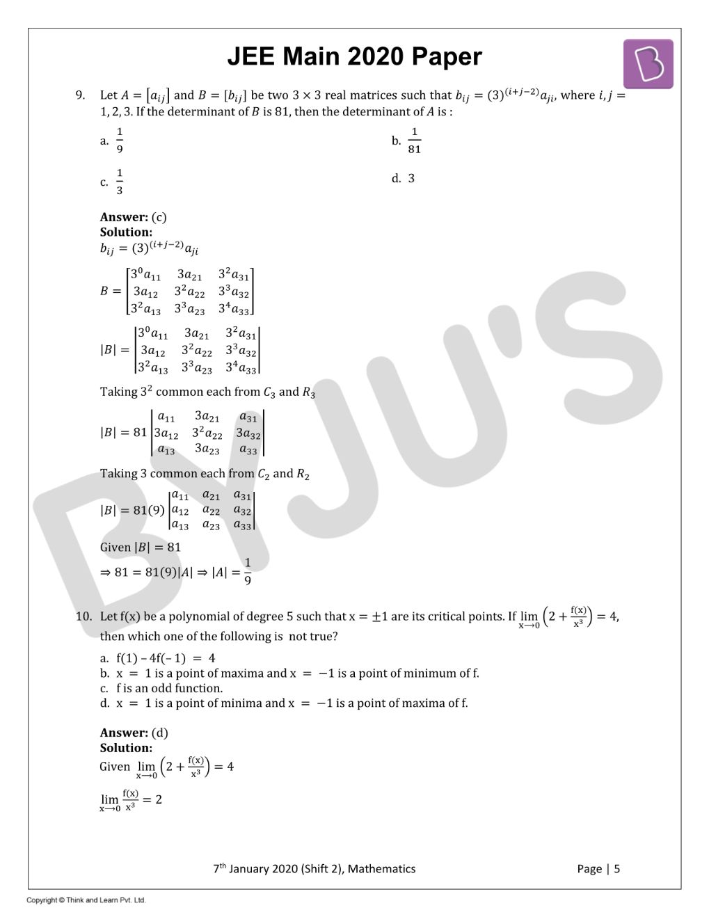 JEE Main 2020 Maths Paper With Solutions Jan 7 Shift 2