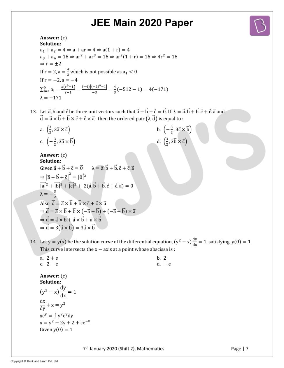 JEE Main 2020 Maths Paper With Solutions Jan 7 Shift 2