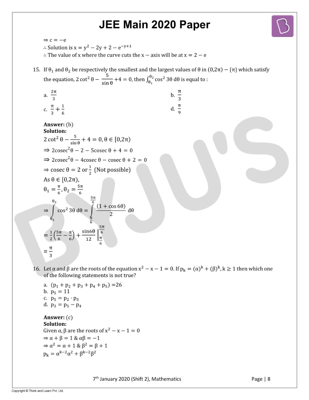 JEE Main 2020 Maths Paper With Solutions Jan 7 Shift 2