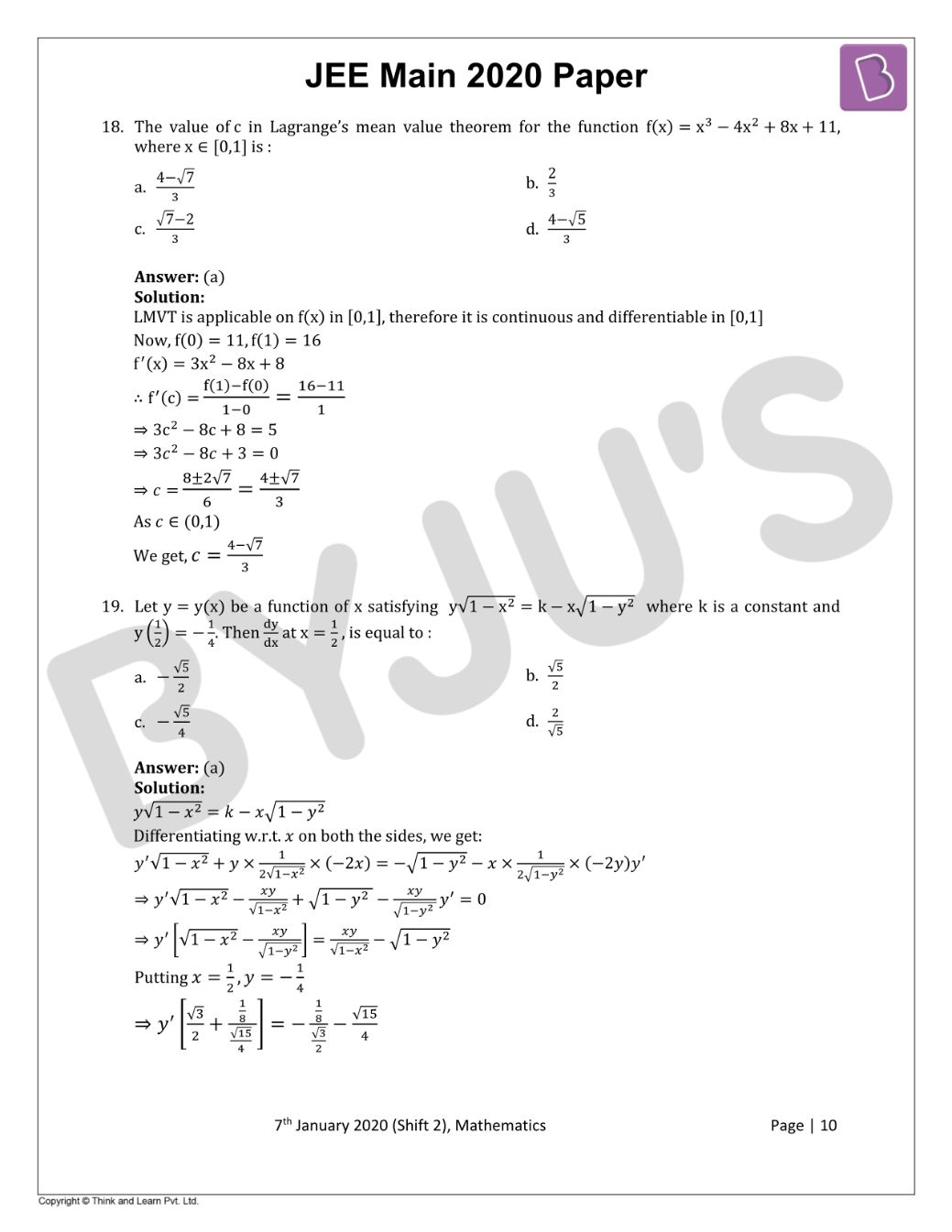 JEE Main 2020 Maths Paper With Solutions Jan 7 Shift 2