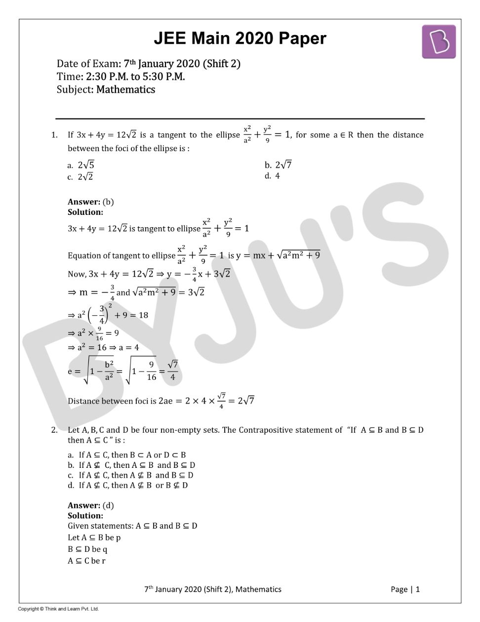 JEE Main 2020 Maths Paper With Solutions Jan 7 Shift 2