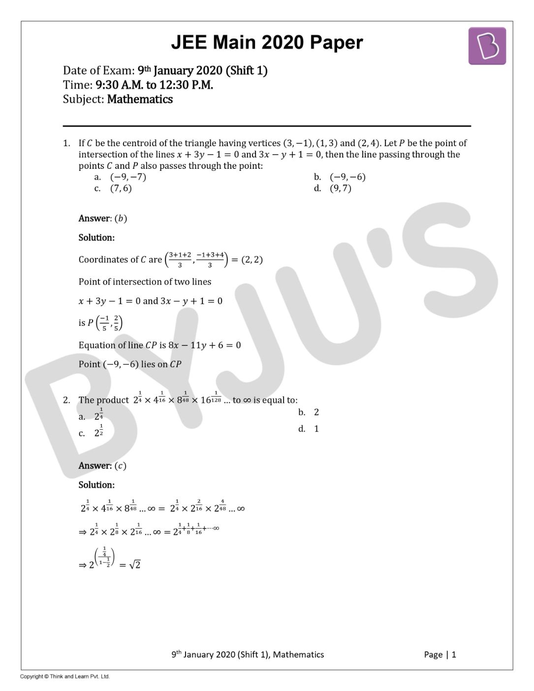 JEE Main 2020 Maths Paper With Solutions Jan 9 Shift 1