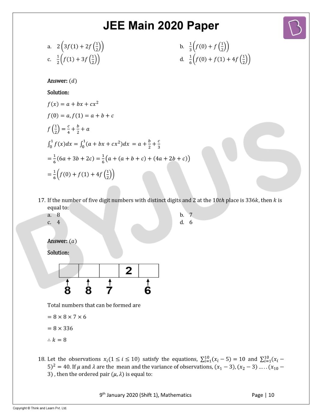 JEE Main 2020 Maths Paper With Solutions Jan 9 Shift 1