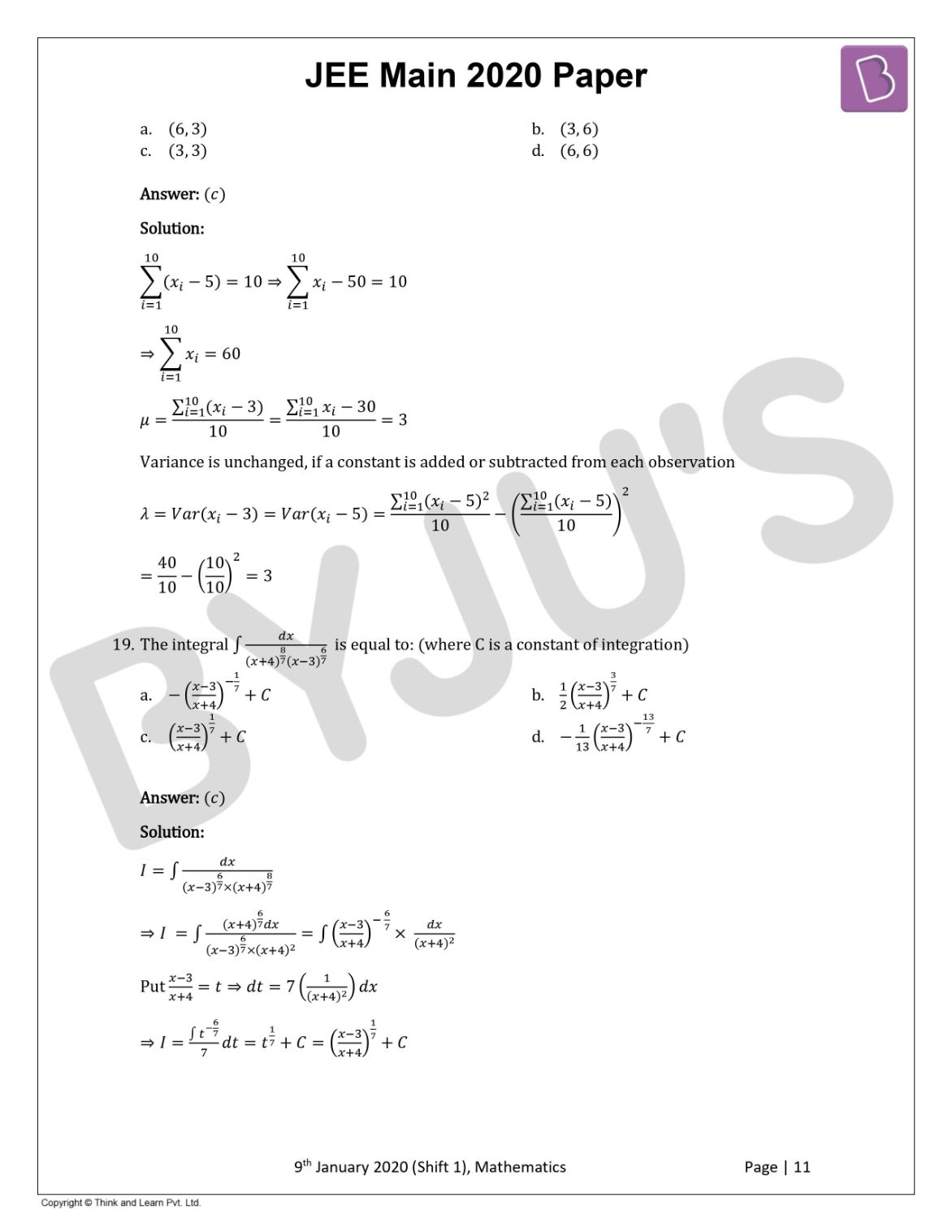 JEE Main 2020 Maths Paper With Solutions Jan 9 Shift 1