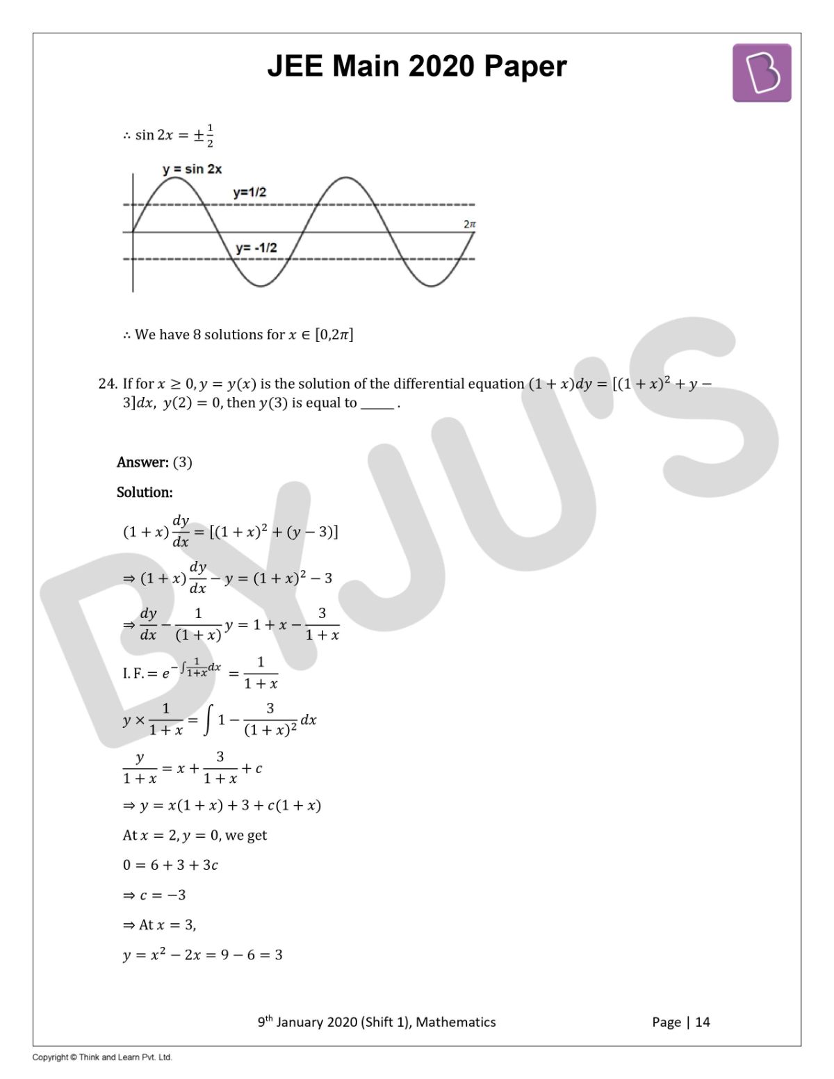 JEE Main 2020 Maths Paper With Solutions Jan 9 Shift 1