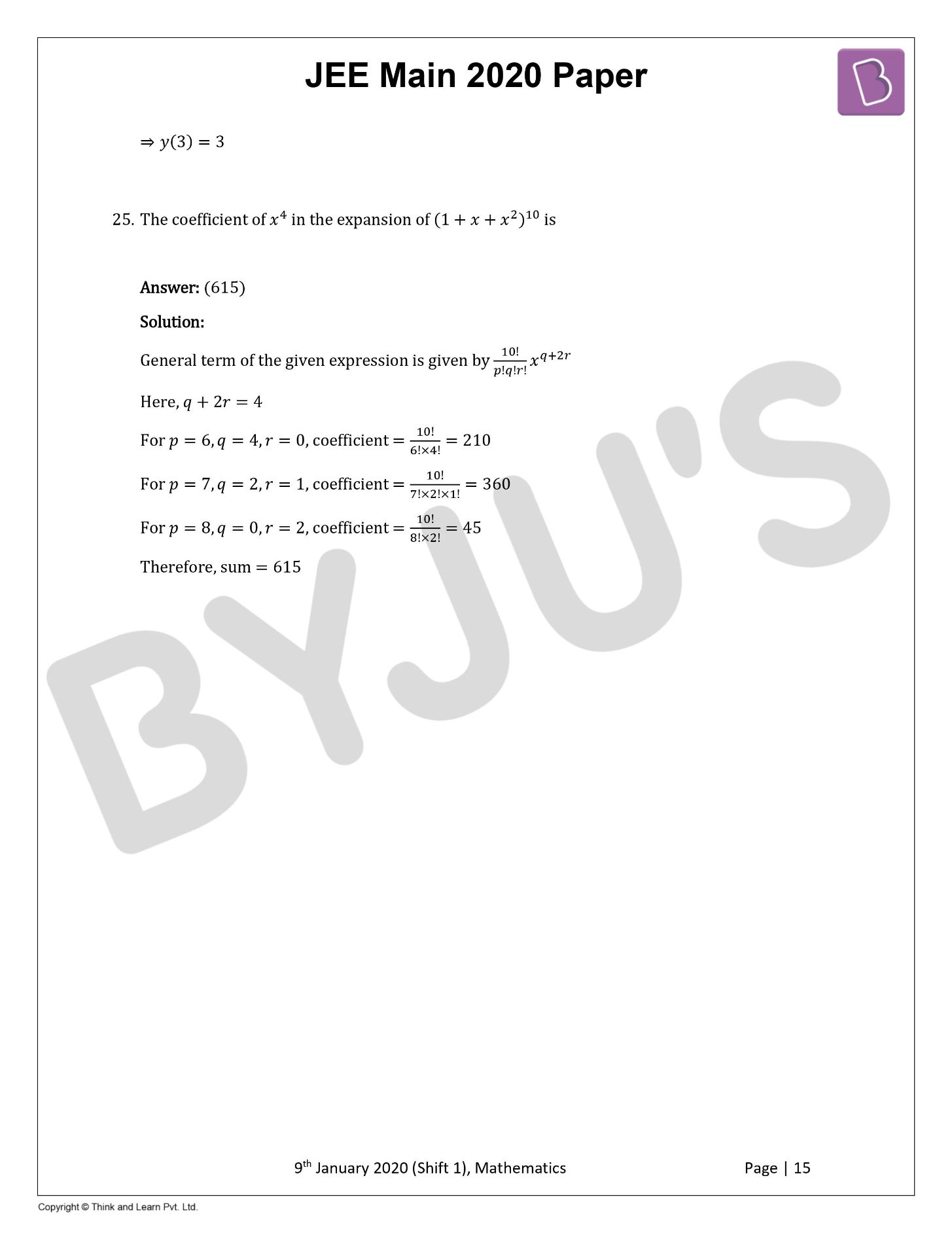 JEE Main 2020 Maths Paper With Solutions Jan 9 Shift 1