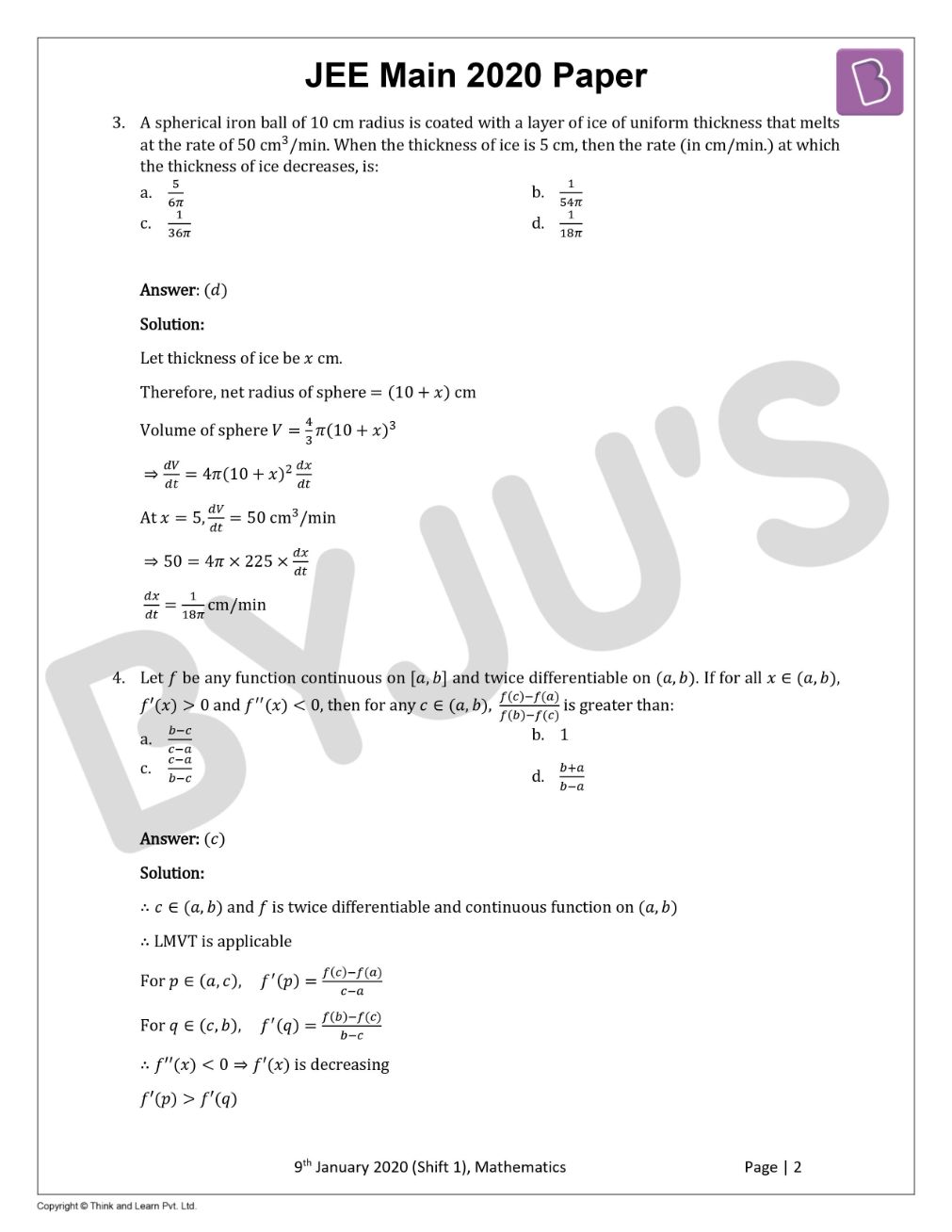 JEE Main 2020 Maths Paper With Solutions Jan 9 Shift 1