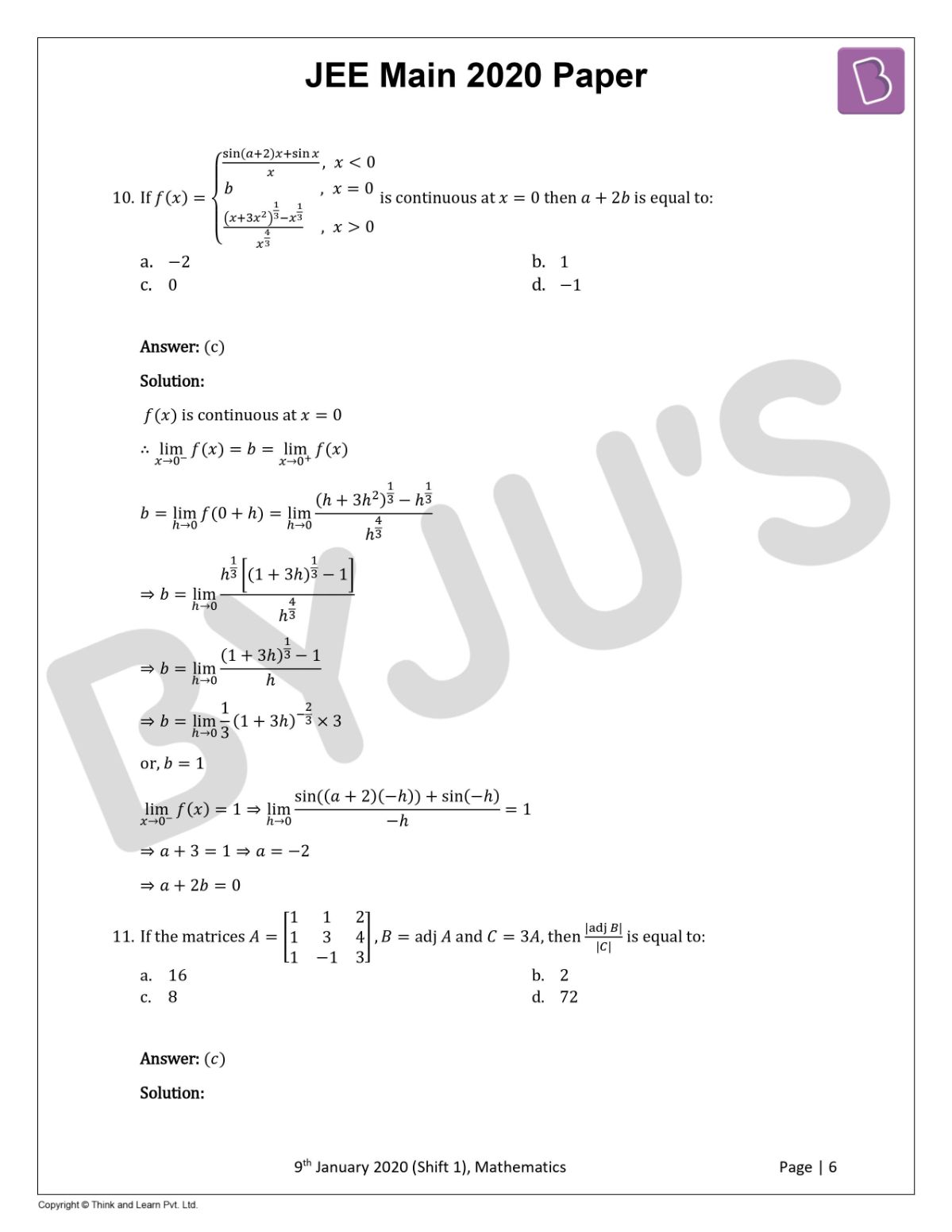 JEE Main 2020 Maths Paper With Solutions Jan 9 Shift 1