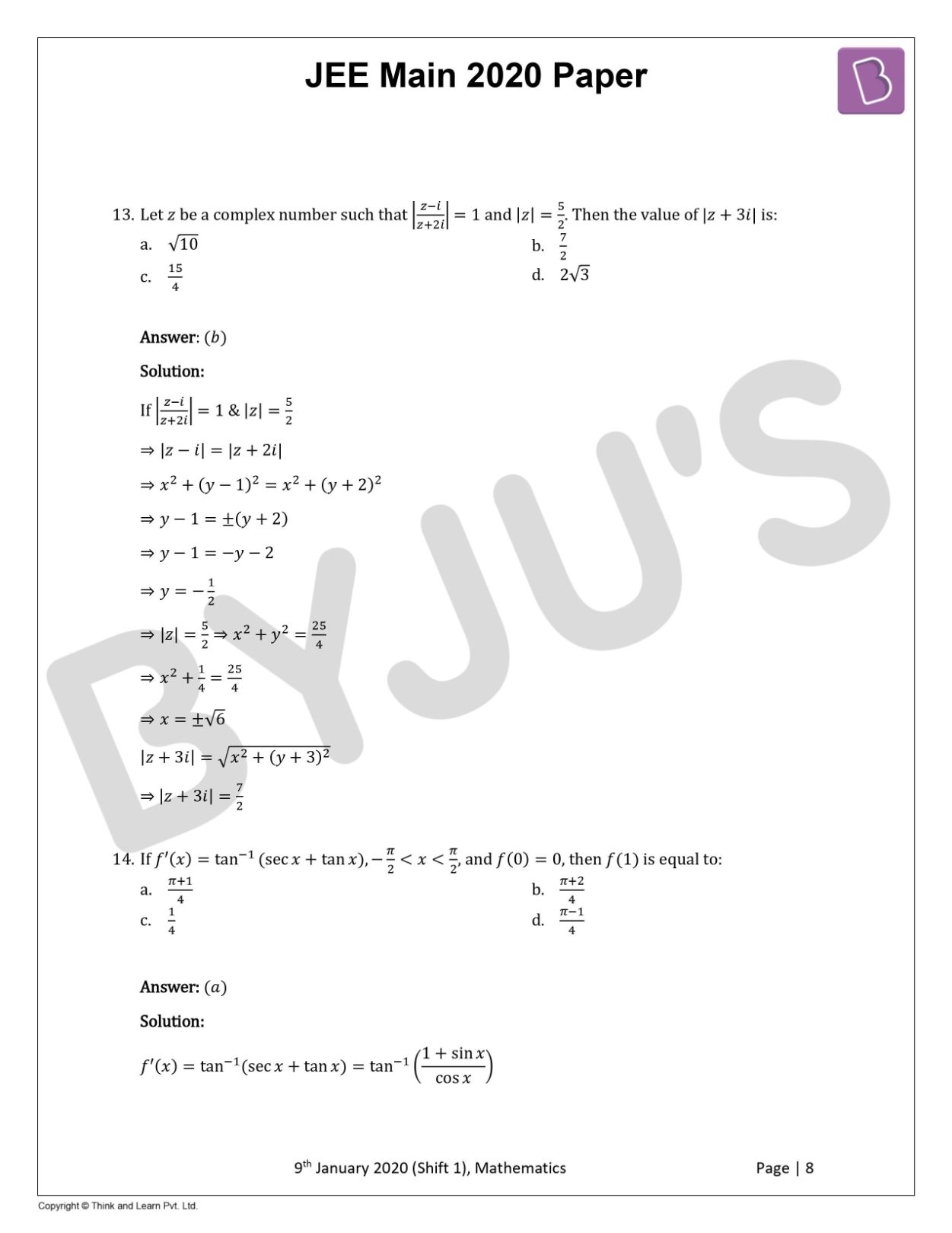 JEE Main 2020 Maths Paper With Solutions Jan 9 Shift 1