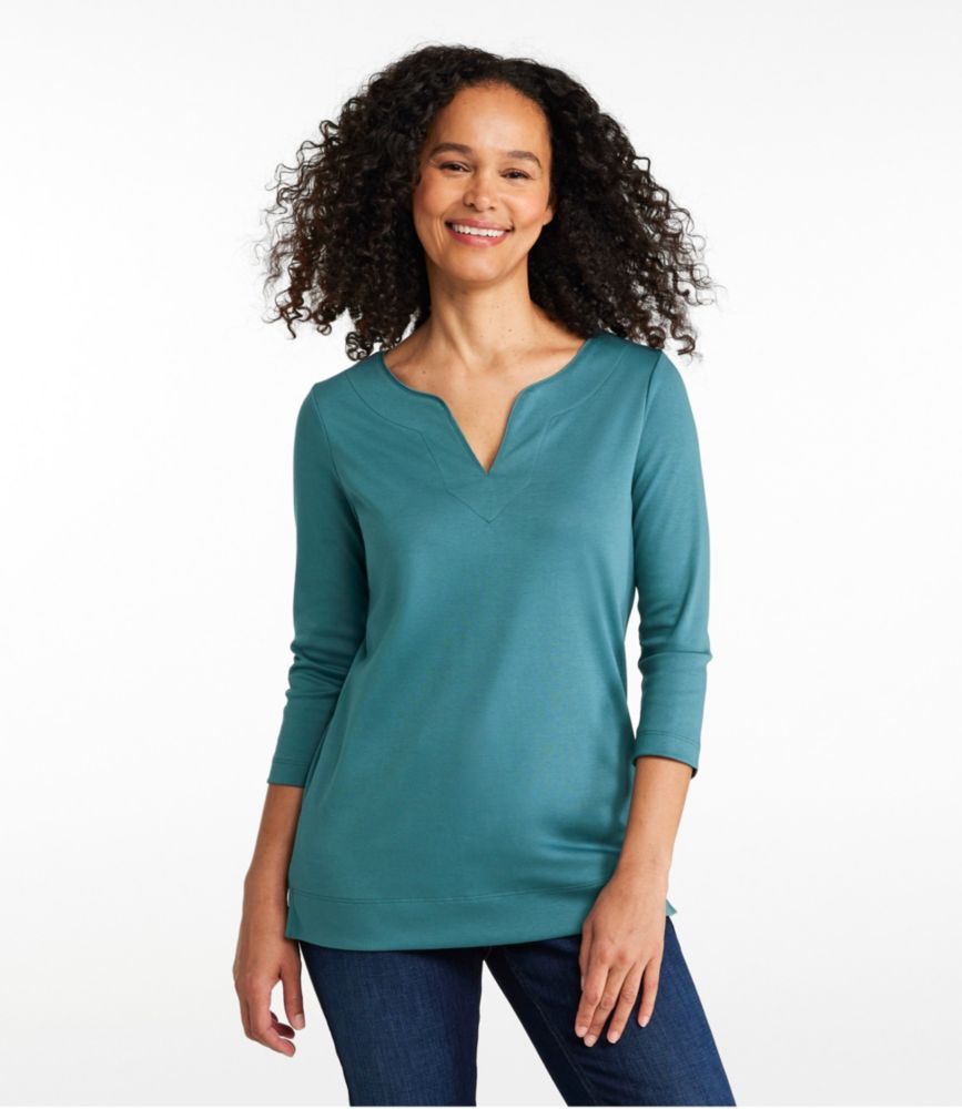 Women's Pima Cotton Tunic, Three-Quarter-Sleeve Splitneck