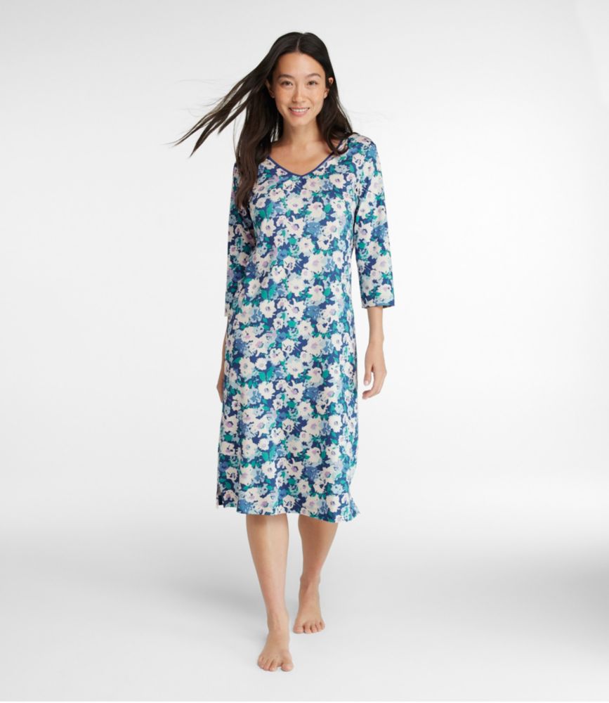 Women's Supima Nightgown, V-Neck Three-Quarter-Sleeve, Print