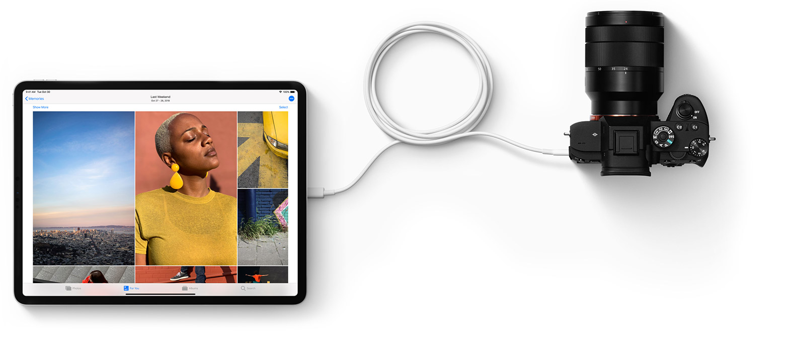 iPad Pro connecté à un appareil photo à l’aide d’un câble USB-C