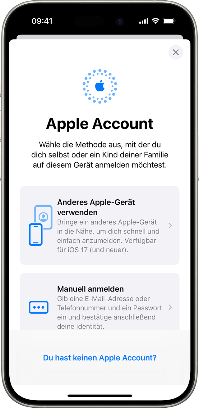 In den iPhone-Einstellungen können Sie sich manuell mit Ihrem Apple Account anmelden oder ein anderes Apple-Gerät verwenden.