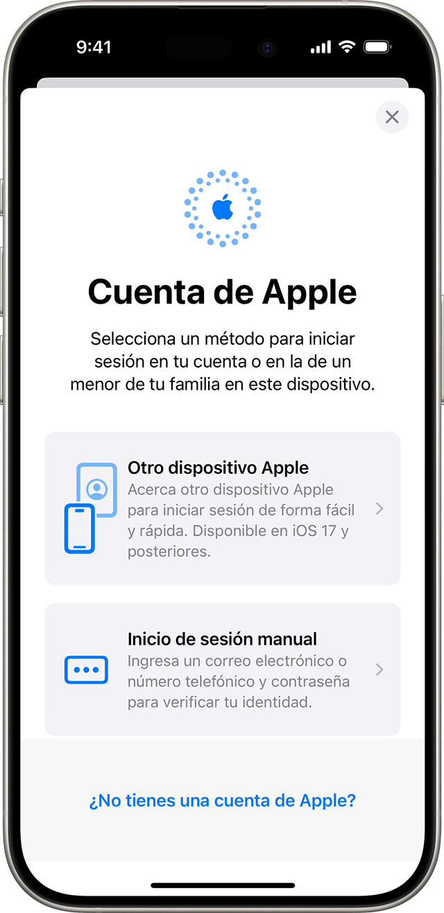 En la configuración del iPhone, puedes iniciar sesión de forma manual con tu cuenta de Apple o usar otro dispositivo Apple.