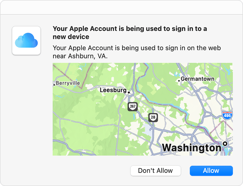 Kart der Washington DC, USA er tydelig markert. Bildeteksten indikerer at en Apple-konto brukes til nettpålogging i nærheten av Ashburn i Virginia, USA.