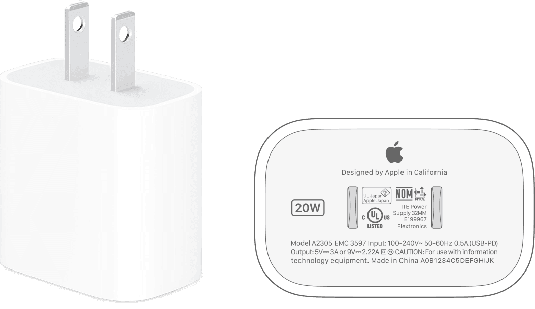 Adaptateur de courant Apple indiquant la puissance en watts