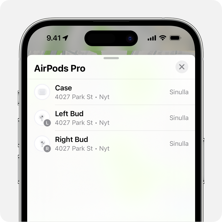 Jos AirPodit ovat erillään toisistaan, valitse, kumman kuulokkeen haluat löytää.