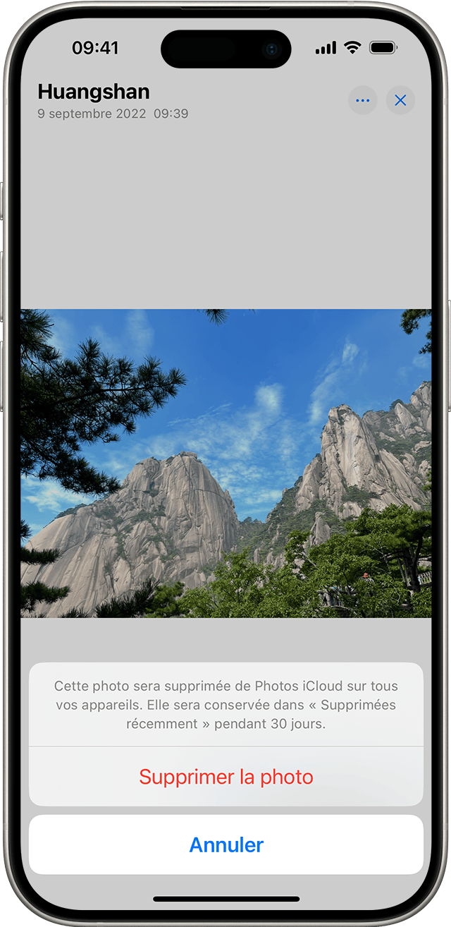 iPhone affichant l’option Supprimer la photo