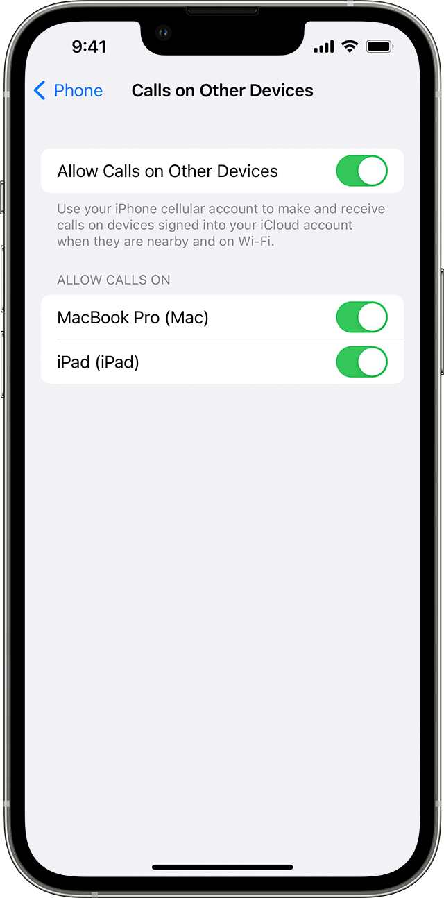 An iPhone showing the Calls on Other Devices screen. Allow Calls on Other Devices is turned on and allowing calls on John's iPad and John's MacBook Pro.