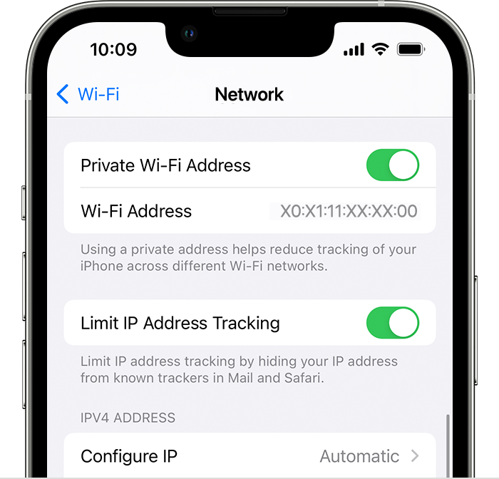 On iPhone, turn Private Wi-Fi Address on or off in the Settings app