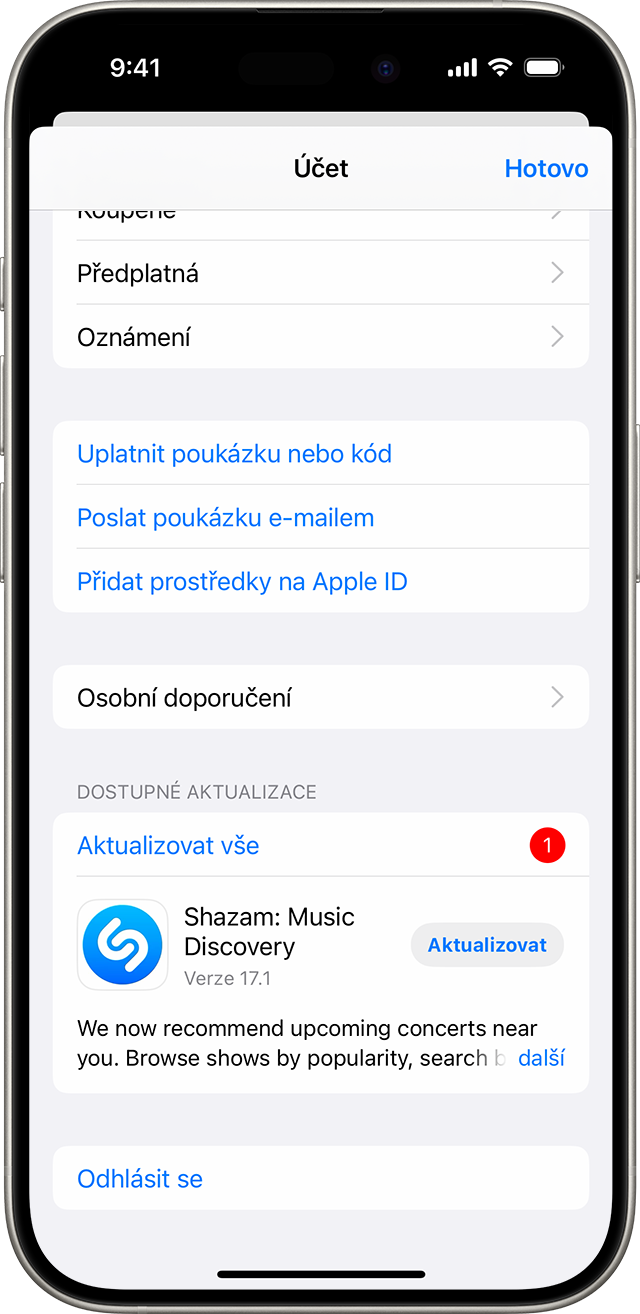 iPhone se zobrazeným tlačítkem Aktualizovat vše.