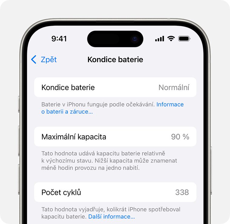 iPhone s otevřenou obrazovkou Nastavení > Baterie > Kondice baterie