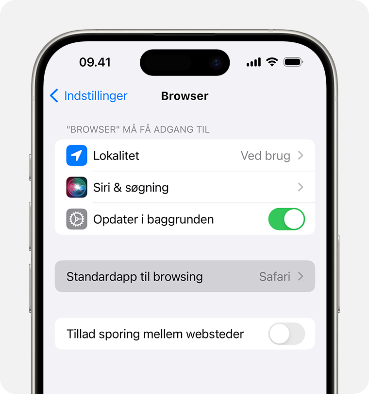 En iPhone-skærm, der viser muligheden til at indstille en standardbrowser