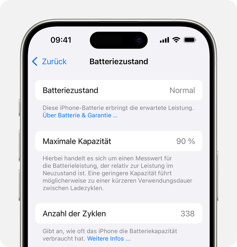 Ein iPhone mit dem Bildschirm „Einstellungen“ > „Batterie“ > „Batteriezustand“