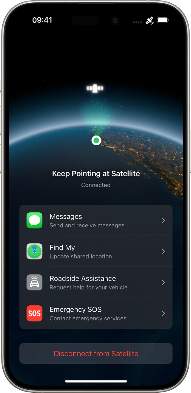 Connection Assistant on iPhone, connected to a satellite. Buttons for sending and receiving Messages, using Find My, requesting roadside assistance and contacting emergency services are listed in the app.