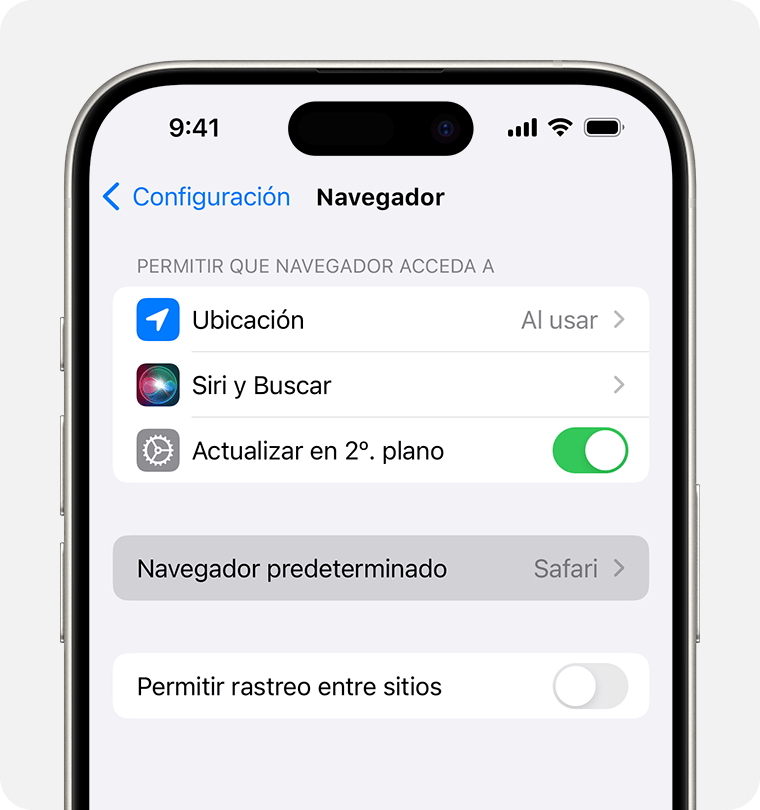 Pantalla de un iPhone en la que se muestra la opción para establecer un navegador predeterminado